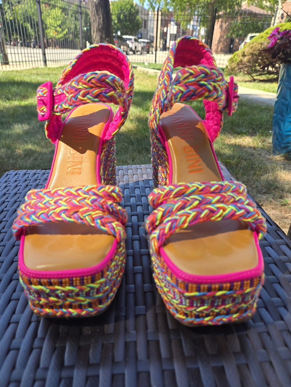 Gianni Bini Multicolor Braided Platform Wedge Sandals - Hot Pink Trim Wedges - Picture 4 of 8